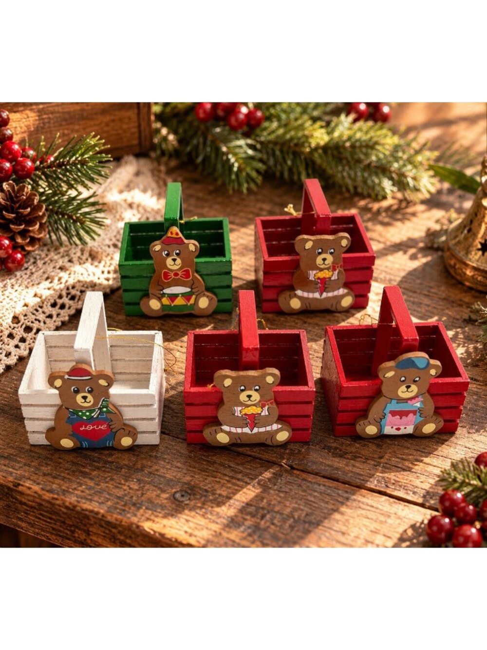 Vintage Wooden Interpur Teddy Bear Mini Basket Ornaments Set of 5